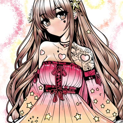 realistic anime girl with long hair star heart tattoos with a fabric dress