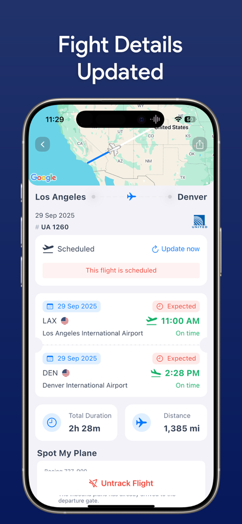 Flight Tracker · Live Radar 24 - Écran des détails de vol mis à jour sur l'application Flight Tracker montrant une carte en direct et l'horaire d'un vol de Los Angeles à Denver