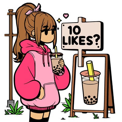 girl with oversized hoodie drinking boba and she has a high ponytail with a sign that says 10likes?