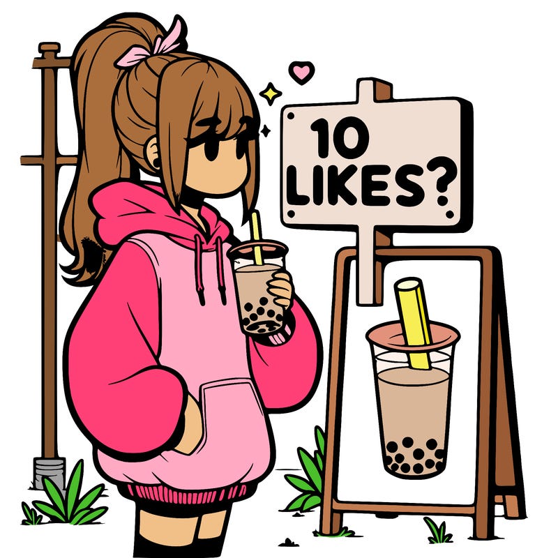 girl with oversized hoodie drinking boba and she has a high ponytail with a sign that says 10likes?