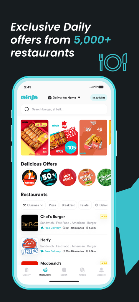 Ninja - نينجا - Smartphone screen showing the Ninja app interface with exclusive daily restaurant deals and fast delivery options