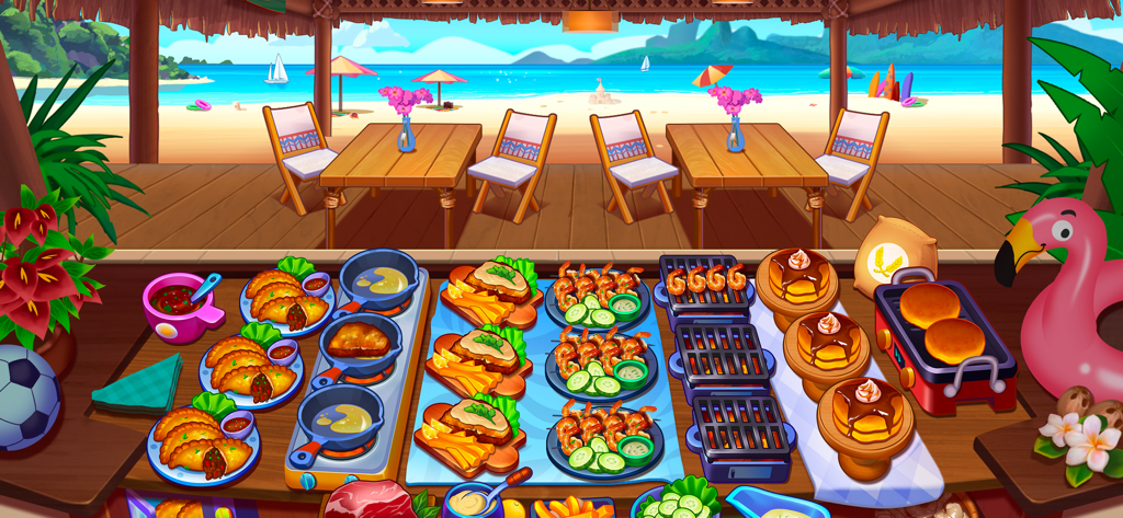 Tropical beach restaurant kitchen counter in Kitchen Crush showing various prepared dishes