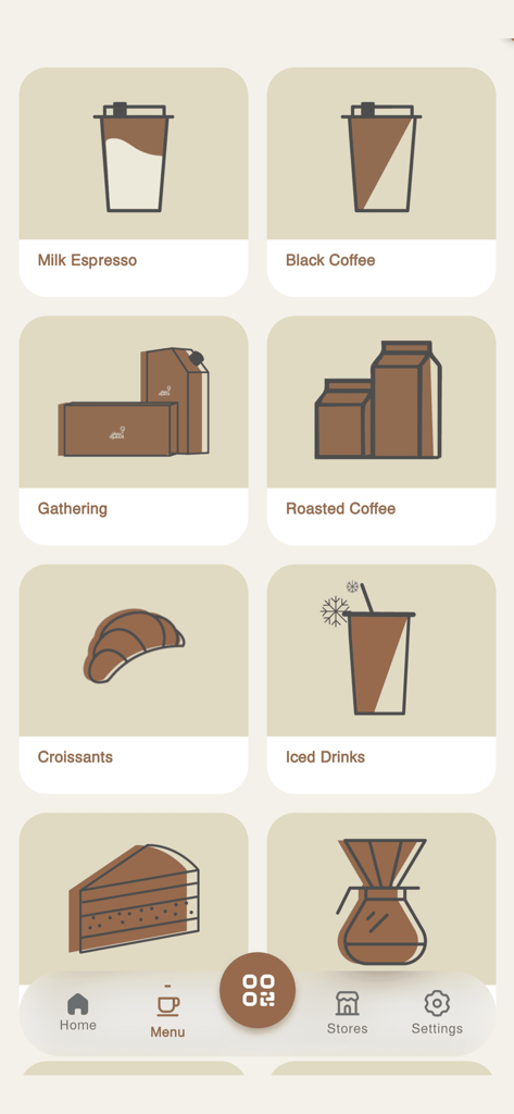 Uno screenshot del menu dell'app mobile Address Cafe che mostra categorie di cibi e bevande come caffè espresso al latte, caffè nero e croissant