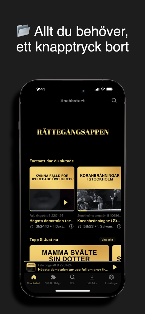 RÄTTEGÅNGSAPPEN | PODCAST - Mobile dashboard of the Rattegangsappen app showing true crime trial recordings and case categories