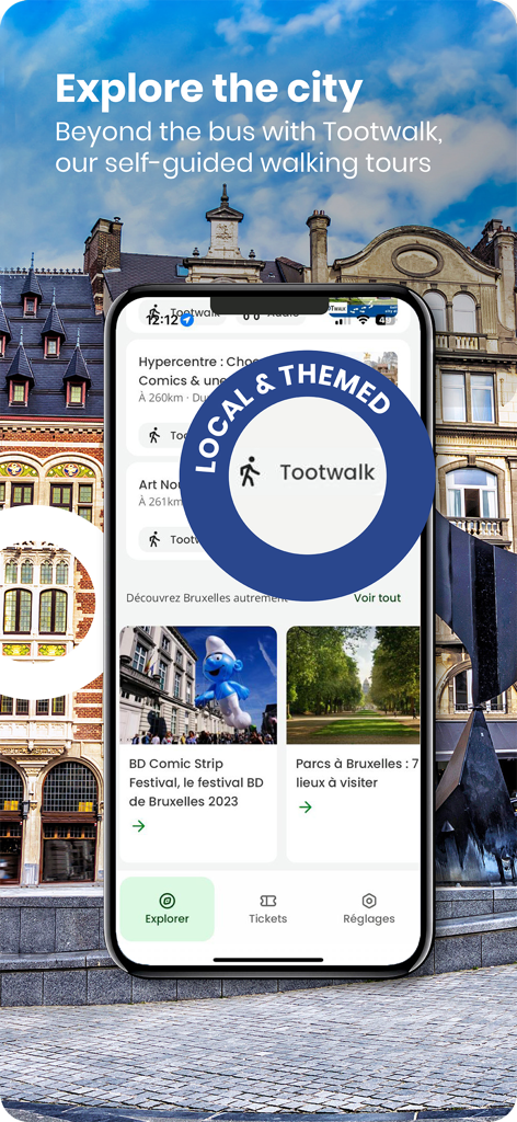 Smartphone-Bildschirm, der Tootwalk-Selbstführungs-Walking-Touren in der Tootbus-App anzeigt