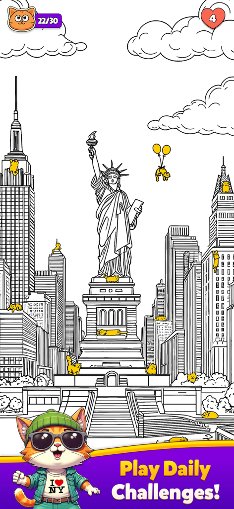 Spot The Cat- Hidden Objects - Ein Wimmelbildspiel-Level in New York City mit gelben Katzen, die sich zwischen schwarz-weißen Wolkenkratzern verstecken.