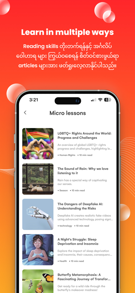 SAYA : The Learning App - SAYA app interface showing a list of micro reading lessons on various global topics