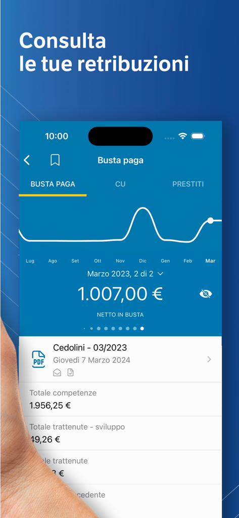 TeamSystem HR - Schermata mobile dell'app TeamSystem HR che visualizza una busta paga mensile con guadagni netti e un grafico di andamento dello stipendio