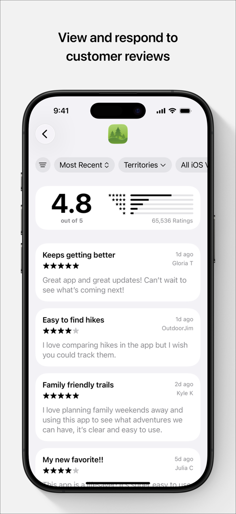 App Store Connect - Oberfläche zur Anzeige und Beantwortung von App-Bewertungen und -Rezensionen in App Store Connect