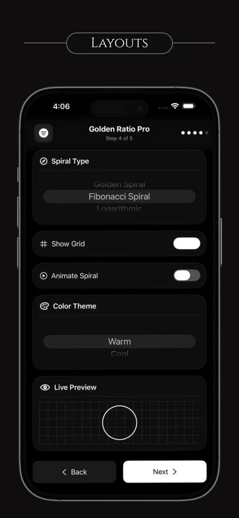 Glassify Pro Widgets and Theme - Assistente de layout de Proporção Áurea do aplicativo Glassify Pro com configurações de Espiral de Fibonacci
