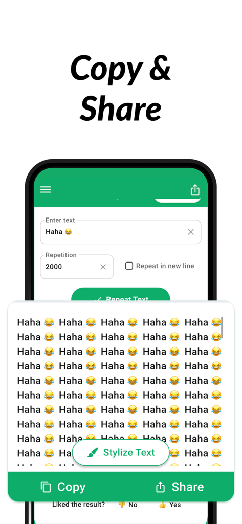 Text Repeater: Repeat Text App - A mobile interface showing the result of repeating the word Haha two thousand times with options to copy and share the text.