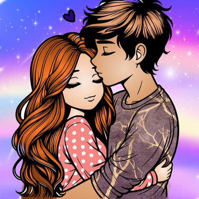 a realistic couple boy and girl hugging and kissing