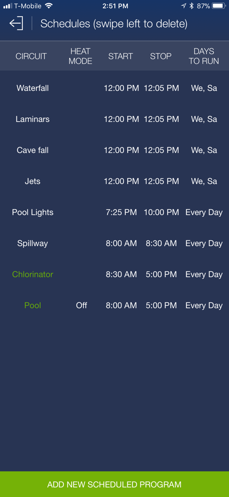 Interface para gerenciar os agendamentos de equipamentos de piscina e spa no aplicativo ScreenLogic Connect.