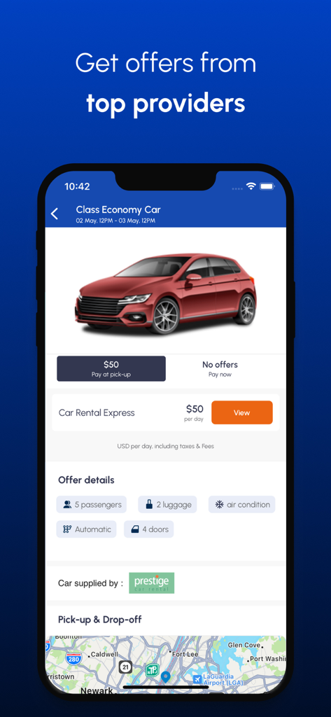 Smartphone display showing a cheap economy car rental deal with price and vehicle specifications