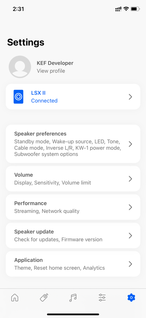 KEF Connect - The settings interface of the KEF Connect app for wireless speaker management