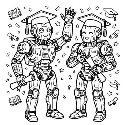 Join these advanced exoskeletons as they celebrate their well-earned graduation day! This unique coloring page brings together the excitement of achievement with futuristic robotic charm, ready for your creative touch.