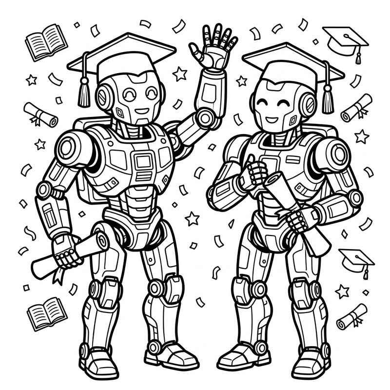 Join these advanced exoskeletons as they celebrate their well-earned graduation day! This unique coloring page brings together the excitement of achievement with futuristic robotic charm, ready for your creative touch.