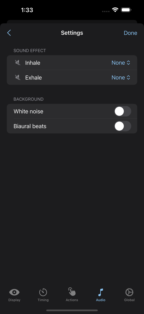 Breathe Bubble - Audio settings screen in the Breathe Bubble app featuring toggles for white noise and binaural beats