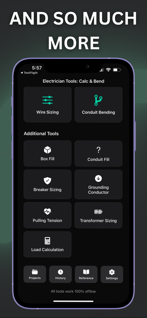 Haupt-Dashboard der Elektriker-Werkzeuge App mit verschiedenen Symbolen für elektrische Berechnungen