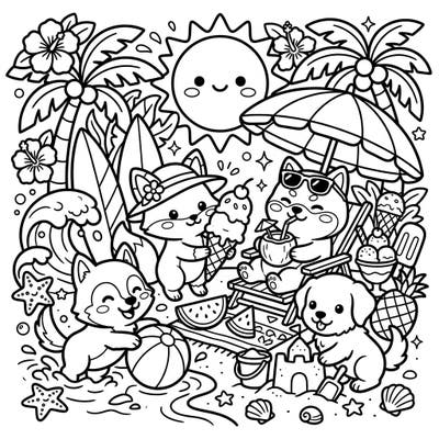 Immerse yourself in summer joy with this Kawaii Canines coloring page. Adorable dogs, foxes, and wolves are depicted having a blast on a sunny beach, offering a delightful scene to color.