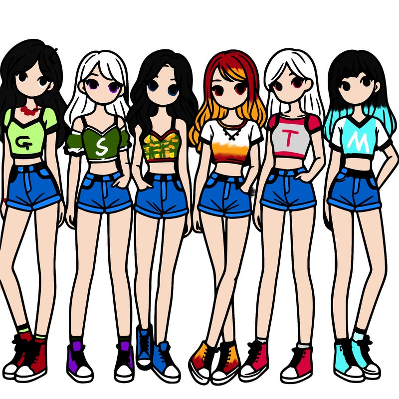 a group of girls wearing crop tops and shorts