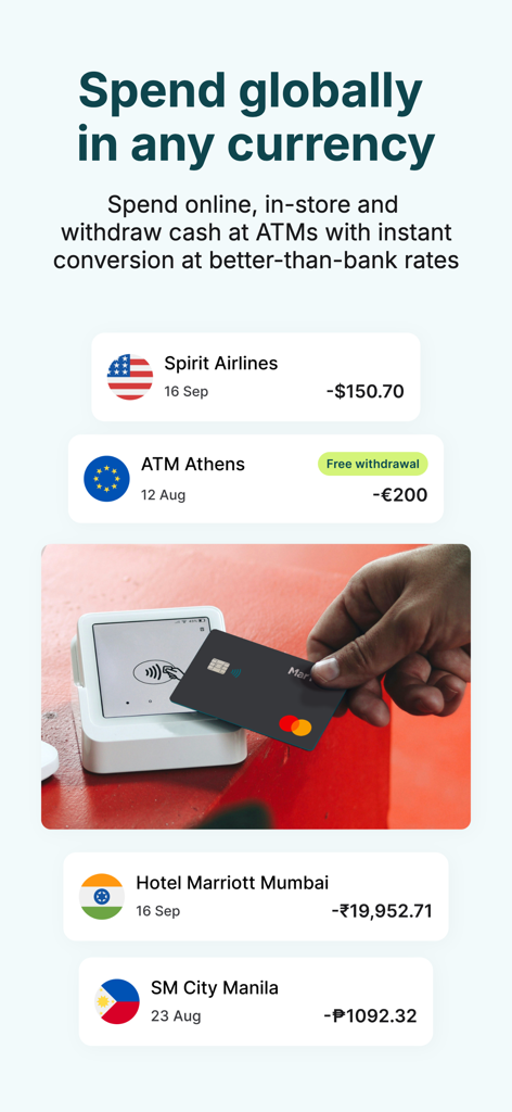Interface de l'application MarTrust affichant des transactions de dépenses mondiales dans plusieurs devises et un paiement par carte de débit sans contact.
