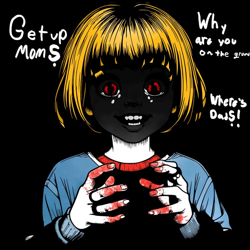 realistic girl with wide eyes and scary smile looking down at their hands