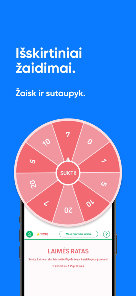 Pigu.lt - mobilioji parduotuvė - Wheel of fortune game in the Pigu.lt app for earning reward points