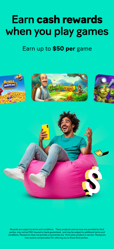 MoneyLion: Banking & Cash Back - A young man sitting on a beanbag chair playing mobile games to earn cash rewards on MoneyLion