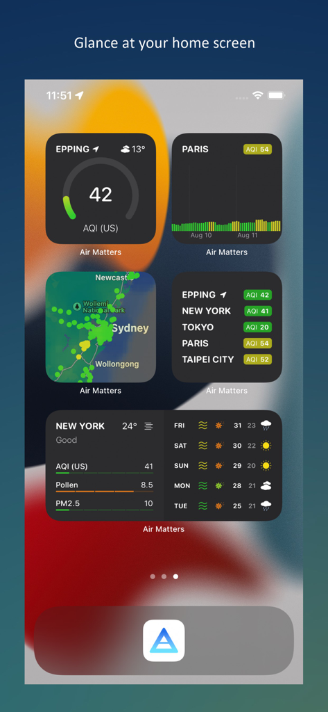Air Matters app widgets showing real-time air quality index and pollen forecasts on an iPhone home screen