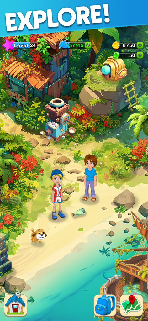 Skyberry Island: Family Farm - Personajes y un perro mascota explorando una exuberante isla tropical en Skyberry Island