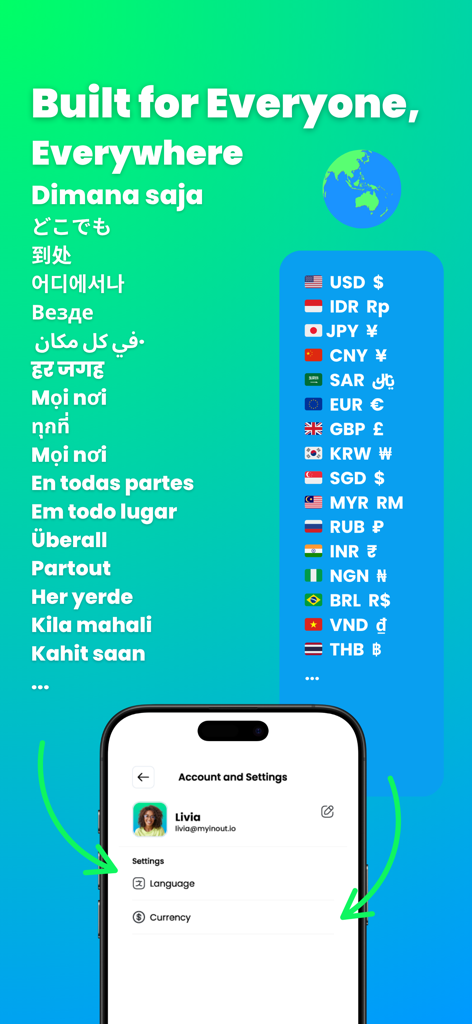 My InOut - Tela de configurações do aplicativo My InOut mostrando opções de múltiplos idiomas e moedas para usuários globais.