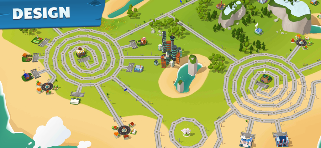 Top-down view of a complex spiral road network and city layout in Transit King Truck Simulator