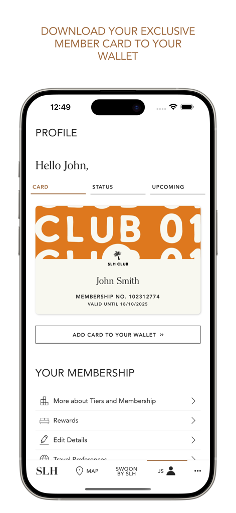 Small Luxury Hotels - Digital SLH Club membership card within the Small Luxury Hotels app profile screen