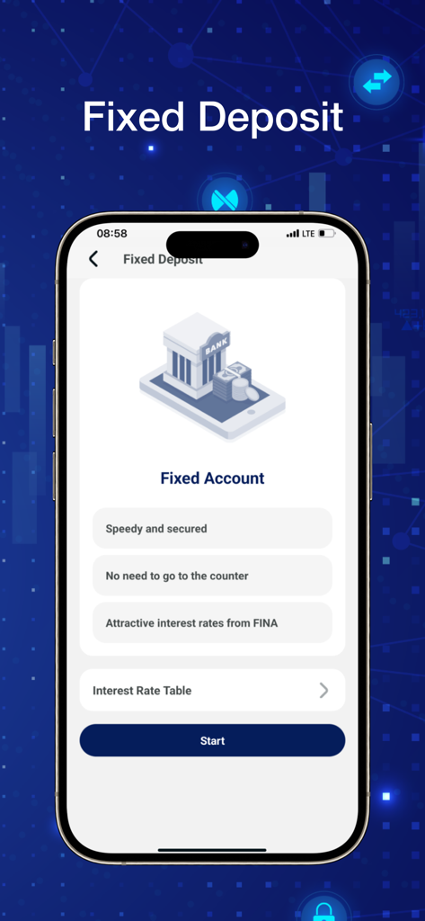 FINA App - FINA mobile app screen for opening a Fixed Deposit account highlighting attractive interest rates and secure digital banking features