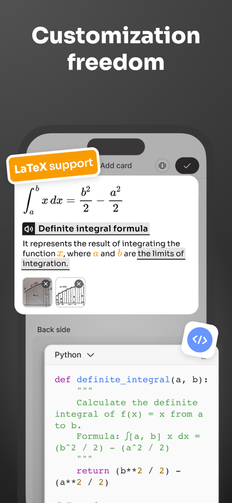 Noji: Study with Flashcards - Editor de cartões de estudo Noji mostrando fórmulas matemáticas LaTeX e integração de código Python para estudantes de STEM.
