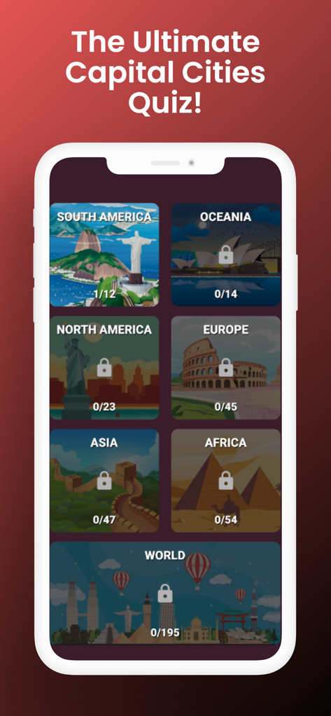GeoCap - World Capitals Quiz - Interface of GeoCap quiz app showing locked and unlocked continent levels for trivia progression