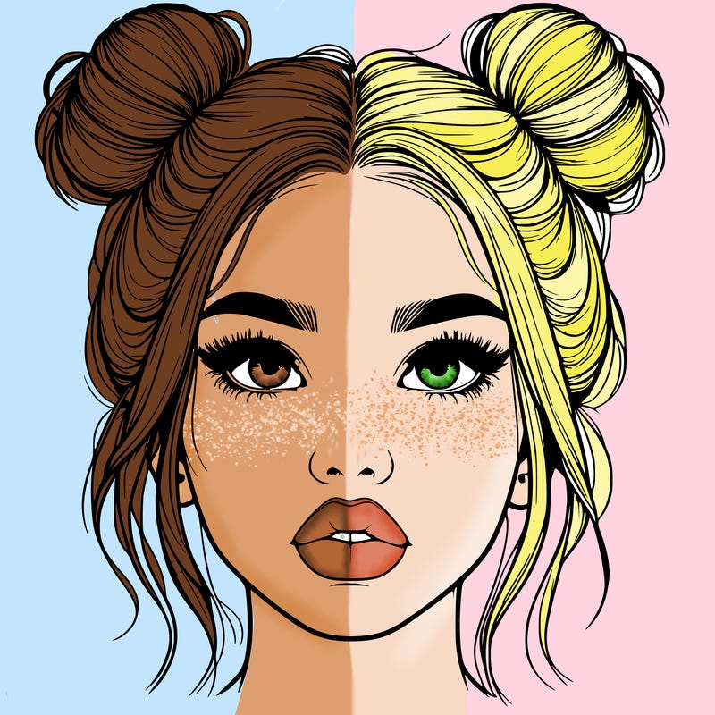 realistic girl with two buns on her hair and lips