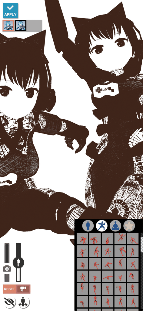 VRM Posing Mobile - A high contrast black and white manga style view of two anime characters in the VRM Posing Mobile app with a pose library menu open