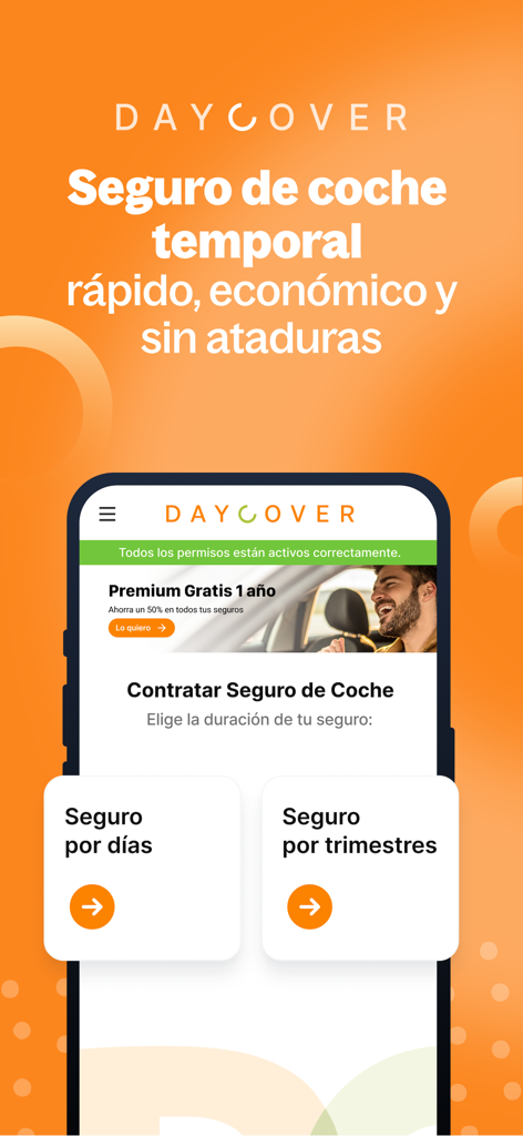DayCover | Seguro por dias - Interfaz de la aplicación móvil DayCover que muestra opciones de seguro de coche temporal por días o trimestres