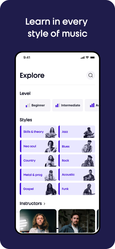 Navegue por aulas de guitarra e baixo por estilo e nível de habilidade no aplicativo Pickup Music