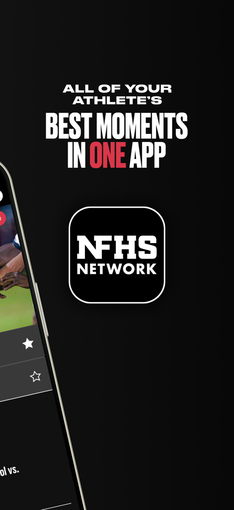 Werbebildschirm für die NFHS Network-App mit dem Text 'Alle besten Momente deiner Sportler in einer App'