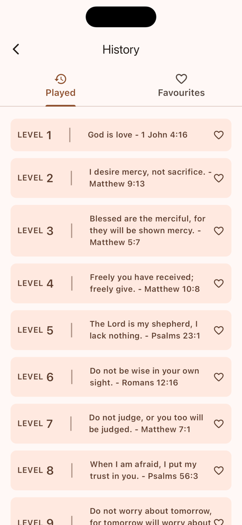 Bible Game - Verses God's Word - History screen displaying a list of played levels and completed Bible verses