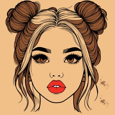 realistic girl with two buns on her hair and lips