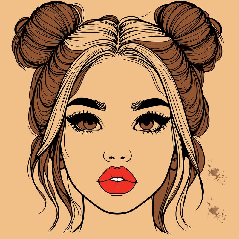 realistic girl with two buns on her hair and lips
