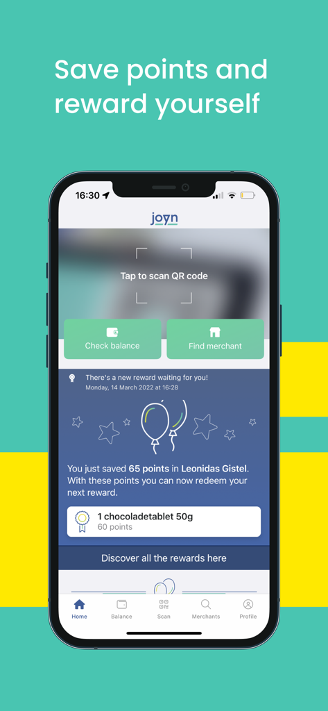 Joyn mobile app displaying rewards points and QR code scanner for local businesses
