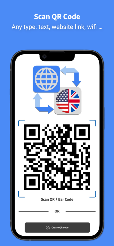 Language Translator Pro - All+ - Interface showing the QR code scanner and creator feature of the Language Translator Pro app on an iPhone.