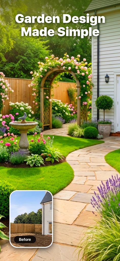 AI Home: Interior Design - Before and after comparison of a backyard transformed into a lush garden using AI Home design tools