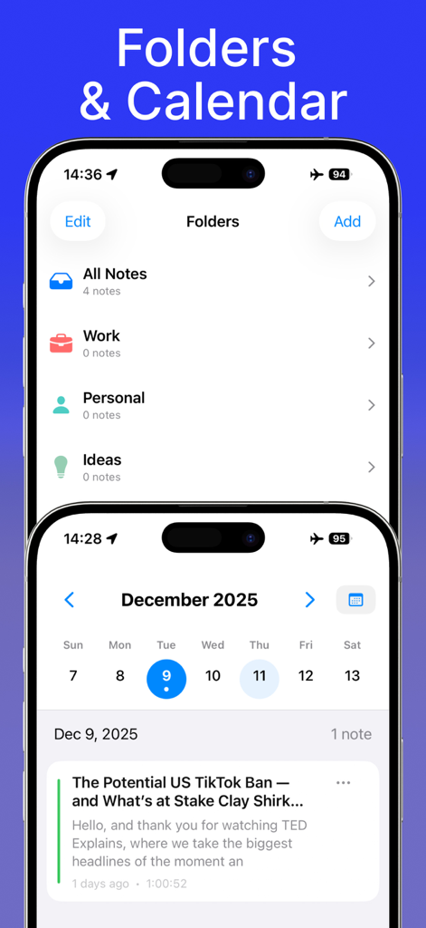 LoroNote - AI Transcribe - 2つのiPhone画面。LoroNoteアプリのフォルダ管理システムと、文字起こしを整理するためのカレンダービューを表示。