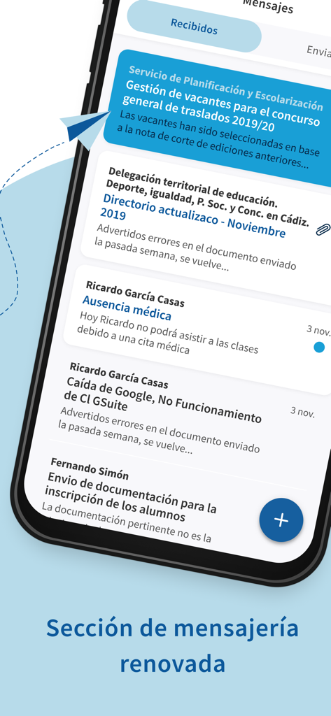 Captura de ecrã da aplicação iSeneca mostrando a secção de mensagens renovada com uma lista de notificações recebidas da administração escolar e um botão de compor